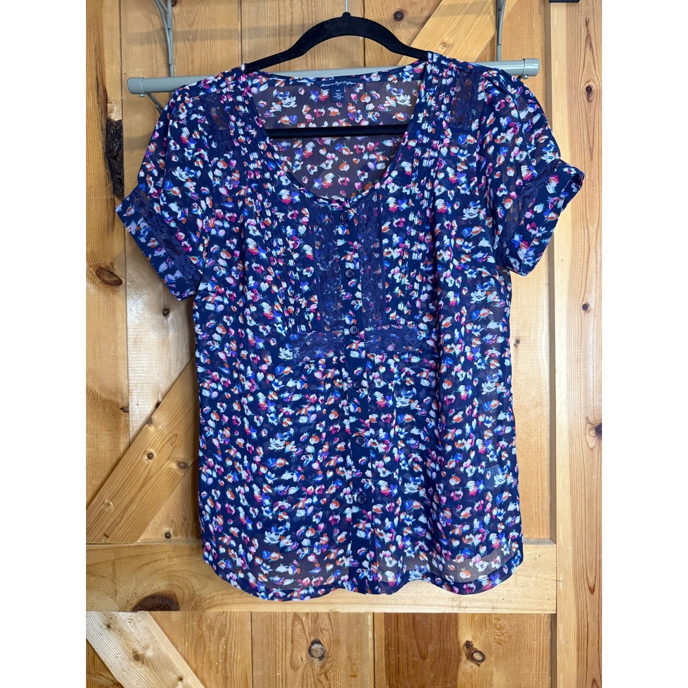 American Eagle Floral Print Lace Trim Sheer Blouse Top - Women's
